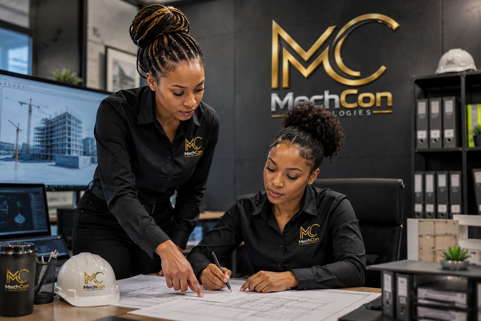 MechCon Technologies project team reviewing a building model at the Springs office